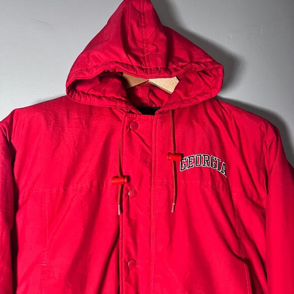 Starter Georgia Bulldogs Jacket L Vintage 90s Hooded Spellout Red Distressed - Picture 11 of 15